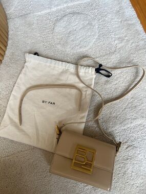 BY FAR Nude Beige Leather Mini Crossbody with Gold B Buckle